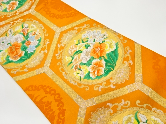 リサイクル　亀甲に花々模様織出し袋帯